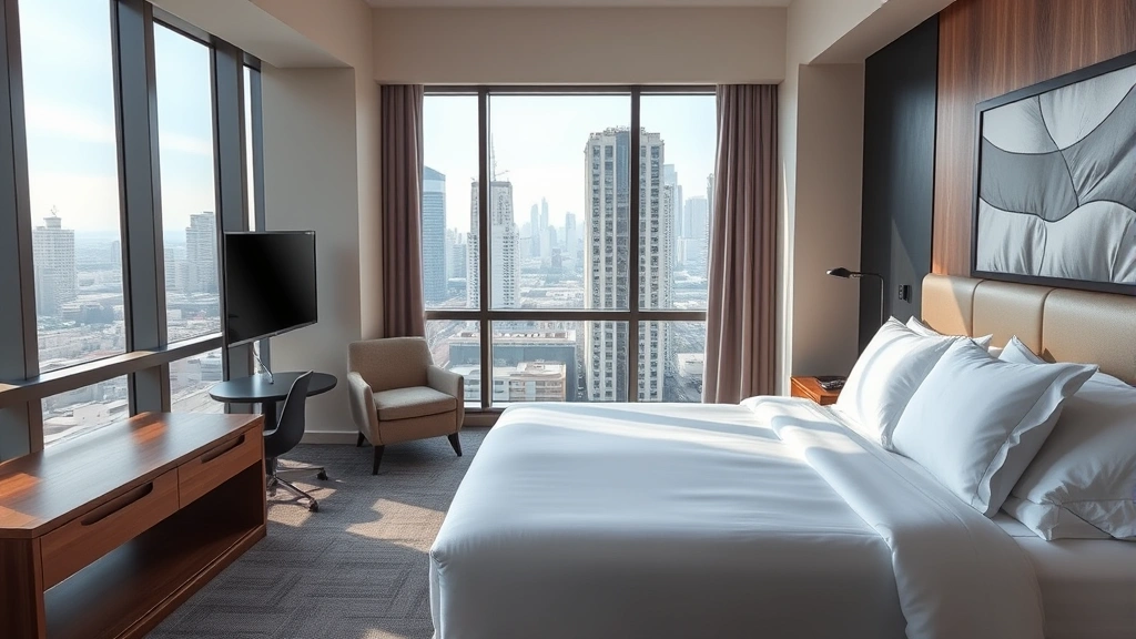 Modern hotel room with comfortable queen bed, contemporary furniture, city views through large windows, neutral color palette, bright natural lighting, photorealistic photography
