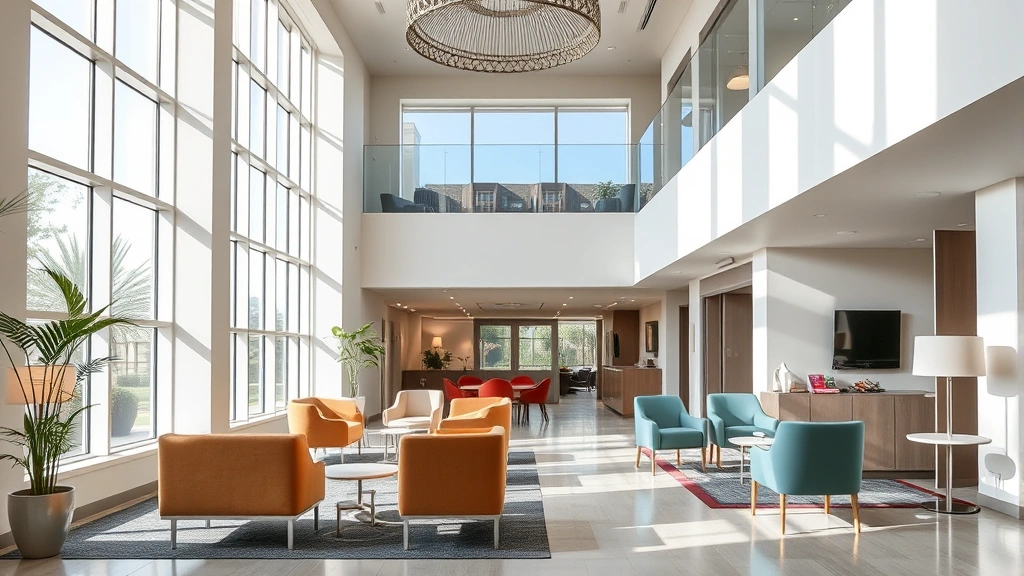 Bright contemporary hotel lobby with modern seating areas, comfortable chairs, natural light from windows, clean architectural design, welcoming atmosphere, photorealistic style