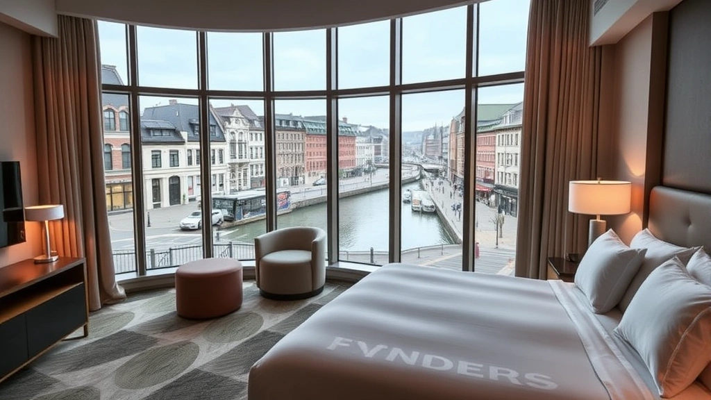 Modern luxury hotel suite with floor-to-ceiling windows overlooking historic cobblestone streets and river views in Quebec City, contemporary furniture, soft ambient lighting, unmade bed with premium linens, empty room no people