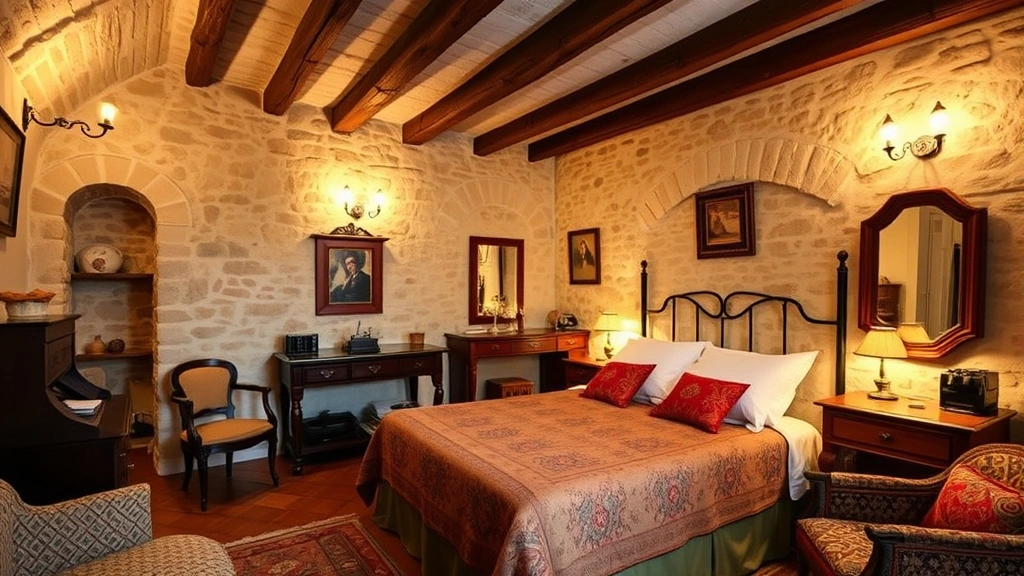 Cozy boutique hotel bedroom with exposed stone walls, wooden beams, antique furniture, warm lighting from vintage fixtures, comfortable bed with traditional quilts, historic architectural details, no text or signage visible