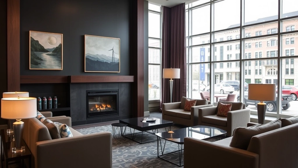 Welcoming hotel lobby with comfortable seating areas, fireplace, local art on walls, natural light from windows, modern but warm design aesthetic, empty of guests, Quebec City architectural elements visible through windows