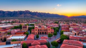 Aerial view of Santa Fe's historic downtown plaza surrounded by Pueblo Revival architecture with red-tiled roofs and desert mountain backdrop at sunset, showing the distinctive adobe buildings and tree-lined streets characteristic of the city