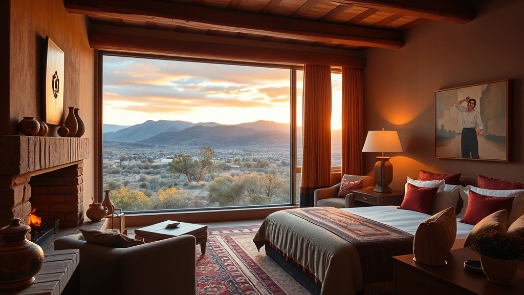 Luxurious hotel suite interior featuring traditional Southwestern design with kiva fireplace, hand-woven textiles, Native American pottery, and large windows overlooking Santa Fe's mountain landscape at golden hour