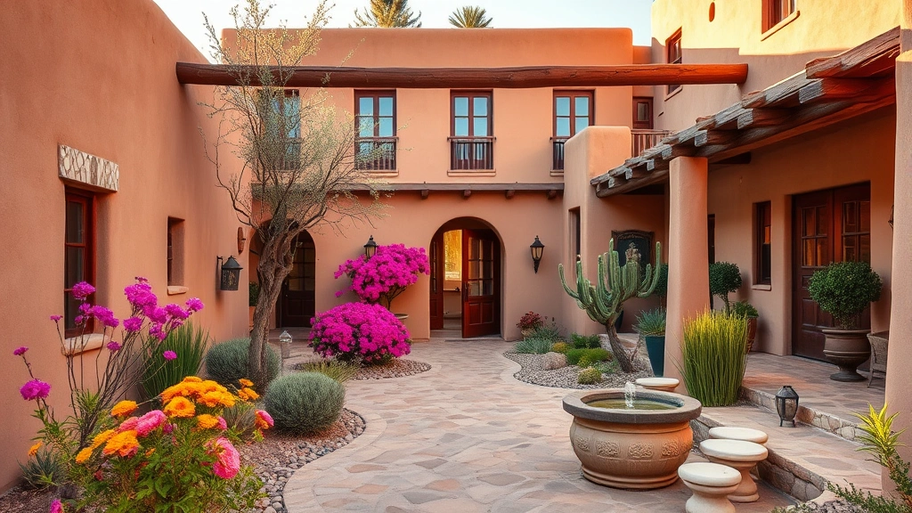 Charming hotel courtyard with adobe walls, blooming desert plants, traditional wooden beams, stone pathways, and small fountains creating an authentic Santa Fe atmosphere with warm afternoon lighting