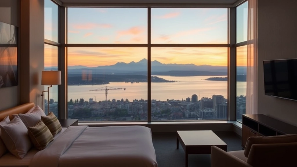 Modern Seattle hotel room with floor-to-ceiling windows overlooking Puget Sound and Olympic Mountains at sunset, contemporary furniture, neutral tones, mountain view, waterfront landscape visible