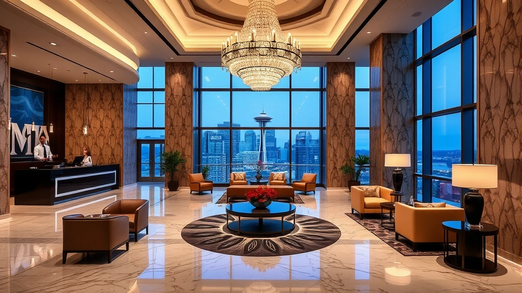 Luxury hotel lobby with marble floors, elegant chandelier, contemporary seating areas, professional staff at front desk, Seattle downtown skyline visible through windows, sophisticated ambiance