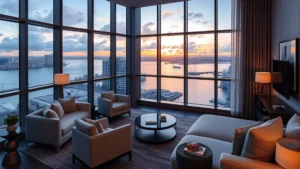 Modern luxury hotel suite overlooking Tampa Bay with floor-to-ceiling windows, contemporary furnishings, and waterfront views at sunset, photorealistic interior photography