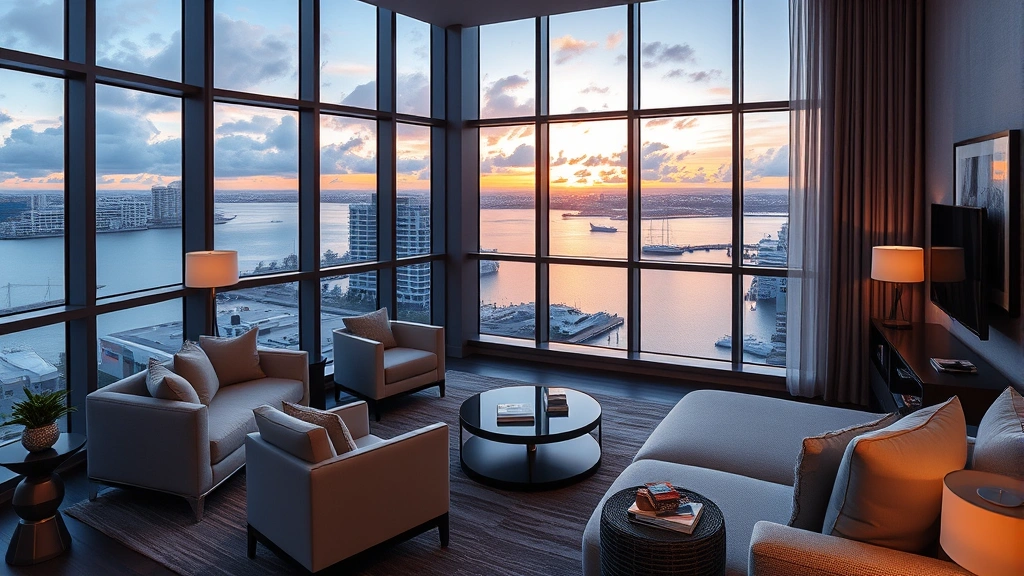 Modern luxury hotel suite overlooking Tampa Bay with floor-to-ceiling windows, contemporary furnishings, and waterfront views at sunset, photorealistic interior photography