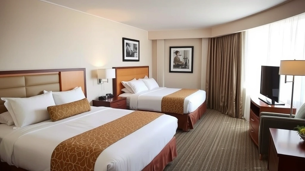 Spacious family hotel room with two queen beds, comfortable seating area, bright natural lighting, and welcoming contemporary decor, professionally photographed