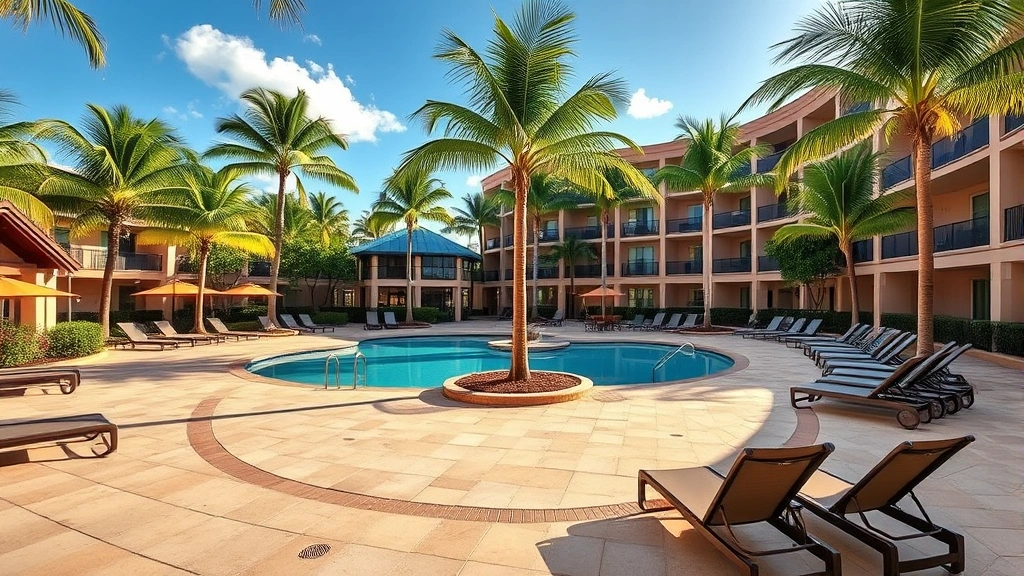Resort-style hotel pool area surrounded by lounge chairs and palm trees with clear blue water, sunny afternoon lighting, tropical Florida atmosphere
