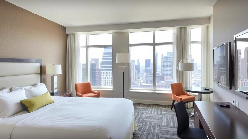 Modern hotel guest room with king bed, contemporary furnishings, work desk, and floor-to-ceiling windows overlooking Philadelphia skyline, neutral color palette with professional decor, natural daylight streaming through curtains