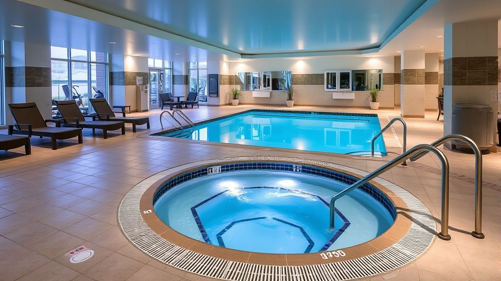 Indoor swimming pool area with hot tub, comfortable lounge chairs, modern tile work, clear blue water, ambient lighting, fitness center visible in background with exercise equipment, clean contemporary design