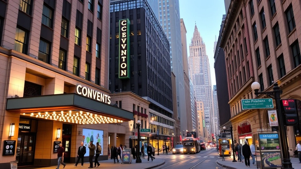 Downtown Philadelphia street scene showing hotel entrance, convention center nearby, historic buildings, pedestrians walking, busy urban environment, daytime lighting, accessible public transit stops visible