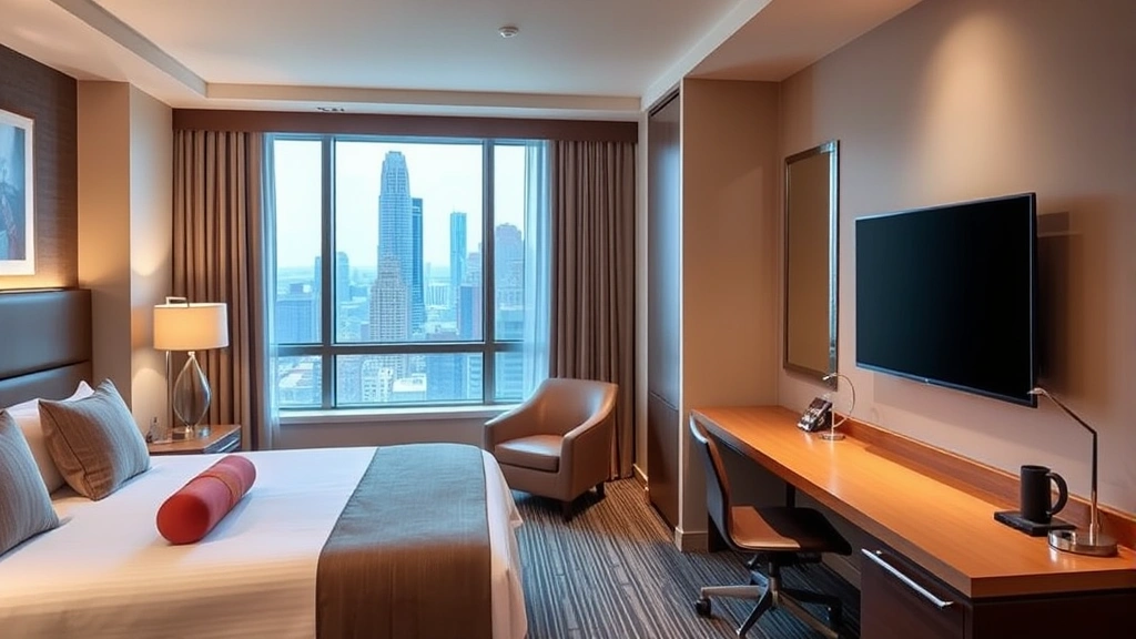 Modern hotel bedroom with contemporary furnishings, flat-screen TV, work desk, and city view window in Manhattan high-rise setting, clean and well-lit