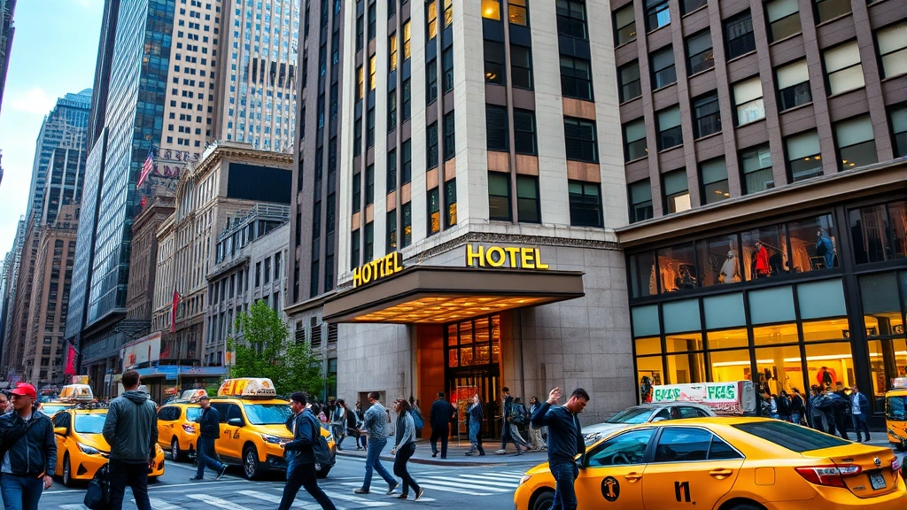 Busy Manhattan street corner during daytime with pedestrians, yellow taxis, and tall buildings surrounding a hotel entrance, urban energy and activity