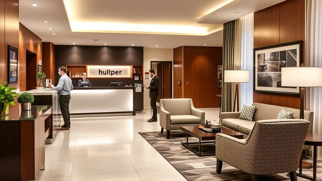 Hotel lobby with front desk, comfortable seating area, modern décor, guests checking in, bright lighting, professional hospitality environment