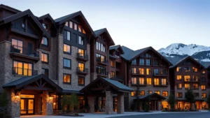Luxurious modern mountain resort hotel exterior with stone and wood architecture, snow-capped peaks visible in background, warm evening lighting on building facade, professional resort photography