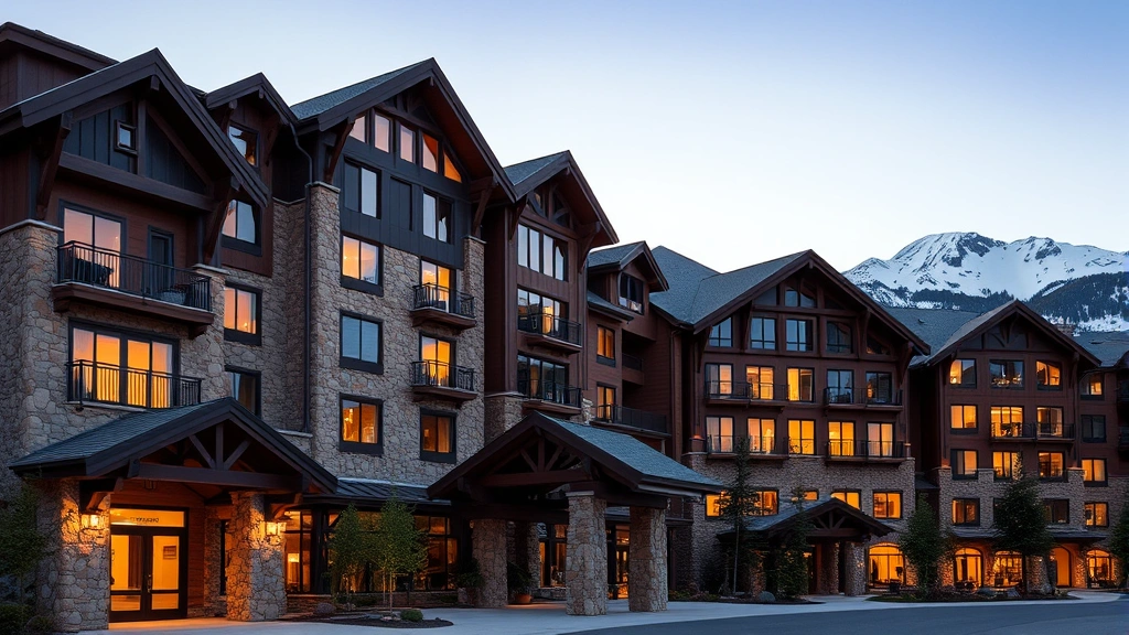 Luxurious modern mountain resort hotel exterior with stone and wood architecture, snow-capped peaks visible in background, warm evening lighting on building facade, professional resort photography