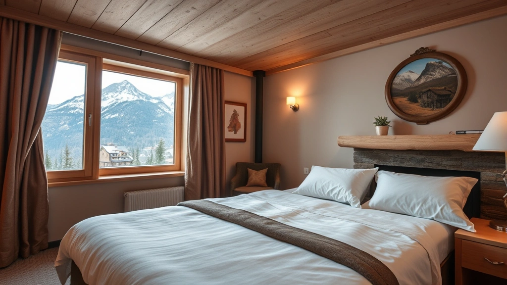 Cozy hotel room interior with mountain view window, comfortable bed with quality linens, natural wood furnishings, fireplace or heating element, warm ambient lighting creating welcoming atmosphere