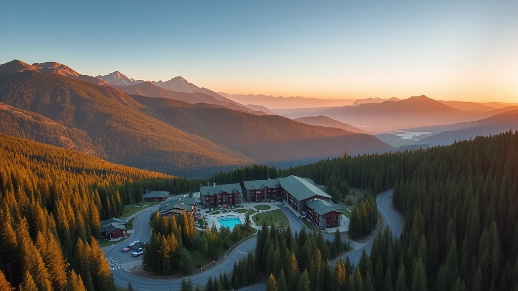 Aerial view of mountain resort property surrounded by evergreen forest and peaks, showing pool area, multiple building structures, winding roads, pristine natural landscape during golden hour