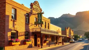 Charming Victorian-era brick hotel building with colorful flower boxes and vintage signage, nestled among desert mountains, warm afternoon sunlight casting long shadows on the street, authentic southwestern architecture