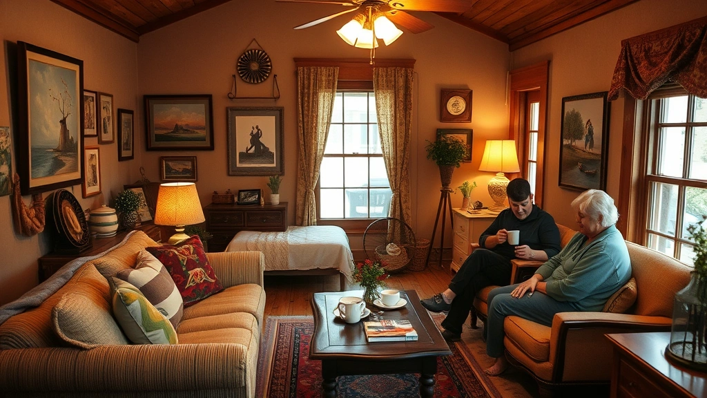 Cozy bed and breakfast interior featuring locally-made artwork on walls, comfortable seating area with local crafts, warm lighting, inviting atmosphere, rustic wooden elements, guests enjoying morning coffee
