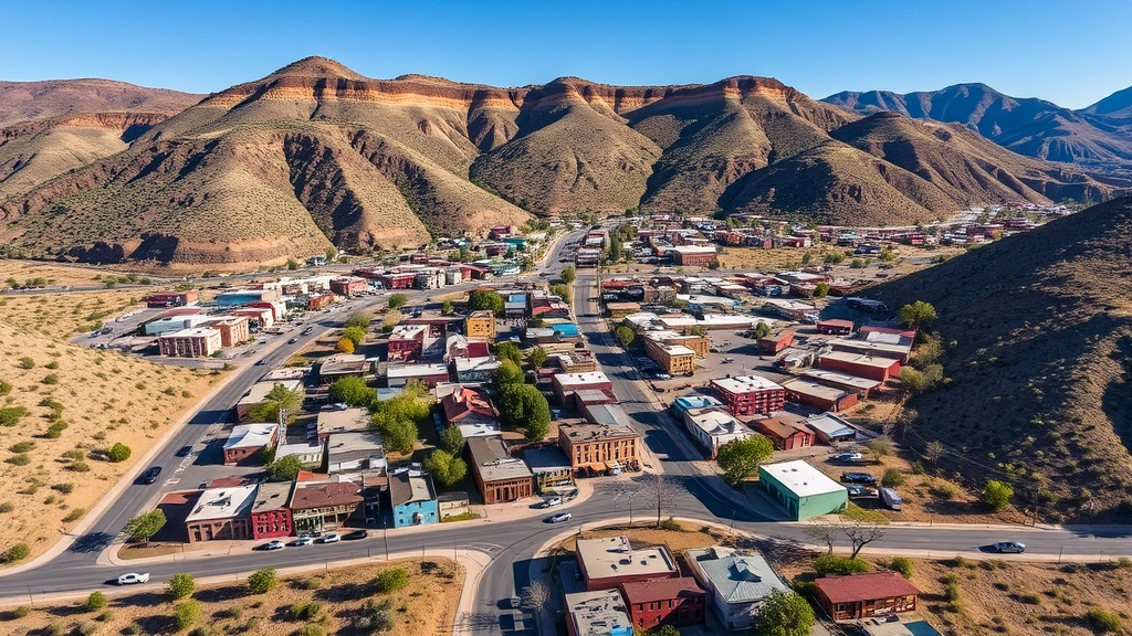 Aerial view of Bisbee town nestled in desert mountains with colorful historic buildings, winding streets, scattered galleries and shops, clear blue sky, residential neighborhoods climbing hillsides