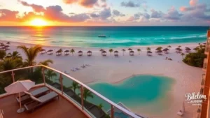 Luxury beachfront resort with private balcony overlooking pristine sandy beach and turquoise Gulf waters at sunset, lounge chairs with white umbrellas, tropical landscaping visible, photorealistic daytime view