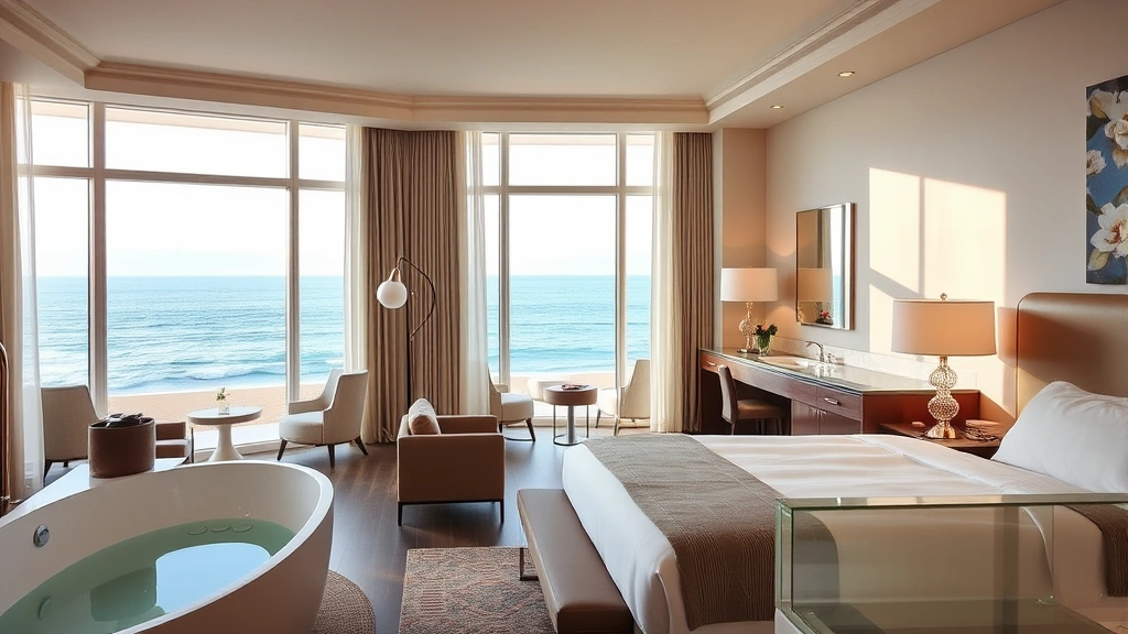 Modern hotel suite interior with king bed, ocean view windows, contemporary furnishings, spa bathroom with soaking tub, elegant but relaxed coastal aesthetic, warm natural lighting