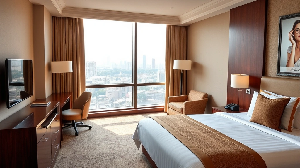 Modern Mumbai hotel room with contemporary furniture, quality bedding, functional workspace, floor-to-ceiling windows showing city skyline, warm neutral tones, professional photography style, daytime natural lighting