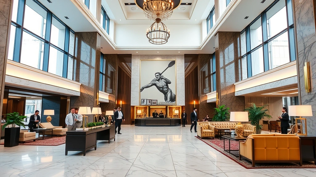 Luxury hotel lobby in Mumbai with marble flooring, elegant furnishings, contemporary art, high ceilings, professional staff, upscale ambiance, natural light from large windows, architectural focus