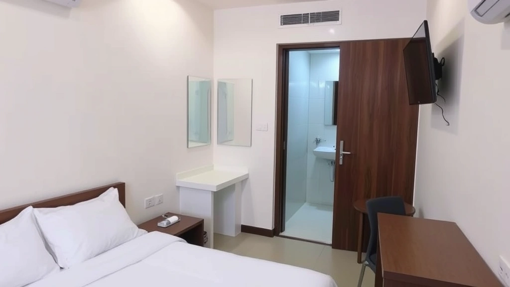 Budget-friendly Mumbai hotel room showing clean, minimalist design with comfortable bed, functional bathroom, compact but well-organized space, adequate lighting, practical furniture arrangement, welcoming atmosphere