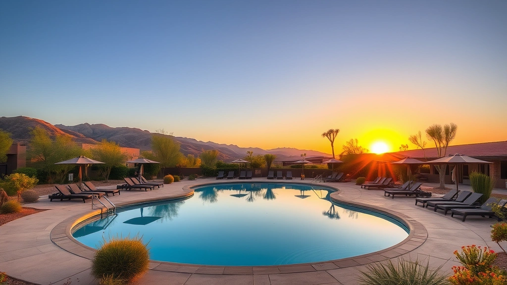 Serene desert resort pool surrounded by native desert landscaping, lounge chairs with shade umbrellas, mountain views at sunset, photorealistic, no text or signage
