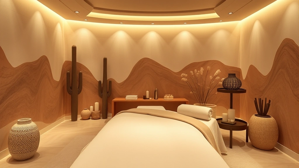 Luxurious spa treatment room with massage table, soft lighting from desert-themed decor, relaxation atmosphere, photorealistic, no visible text