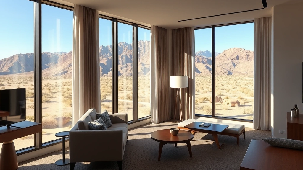 Modern hotel suite interior with contemporary furnishings, large windows framing desert mountain views, comfortable seating area, photorealistic, no room numbers or identifying text