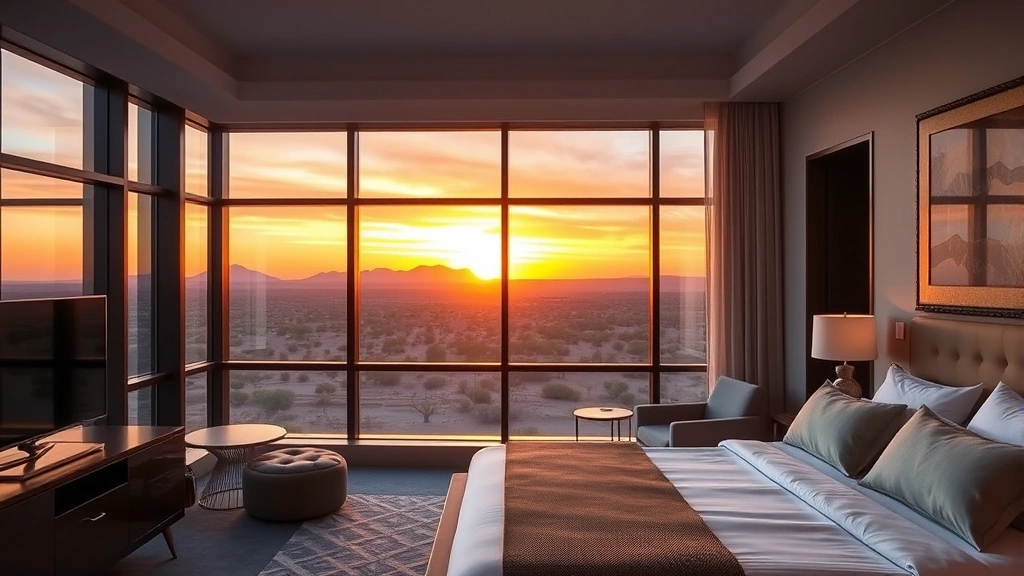Luxurious modern hotel room with desert sunset view through large windows, contemporary furnishings, soft ambient lighting, plush bedding, and minimalist decor reflecting Nevada landscape aesthetics
