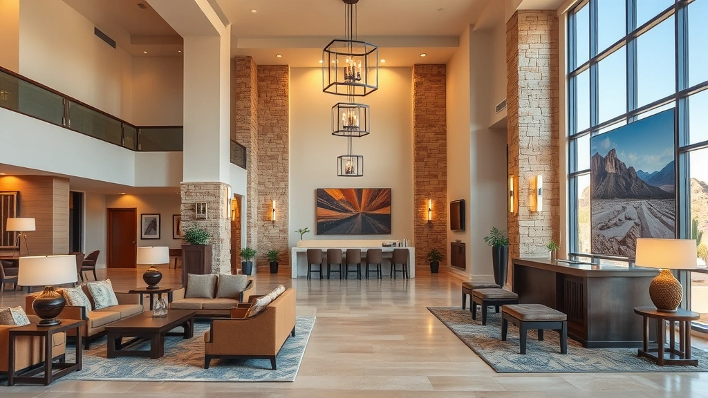 Elegant hotel lobby with contemporary design, warm lighting, comfortable seating areas, stone architectural elements, local artwork on walls, and welcoming front desk area in desert resort style