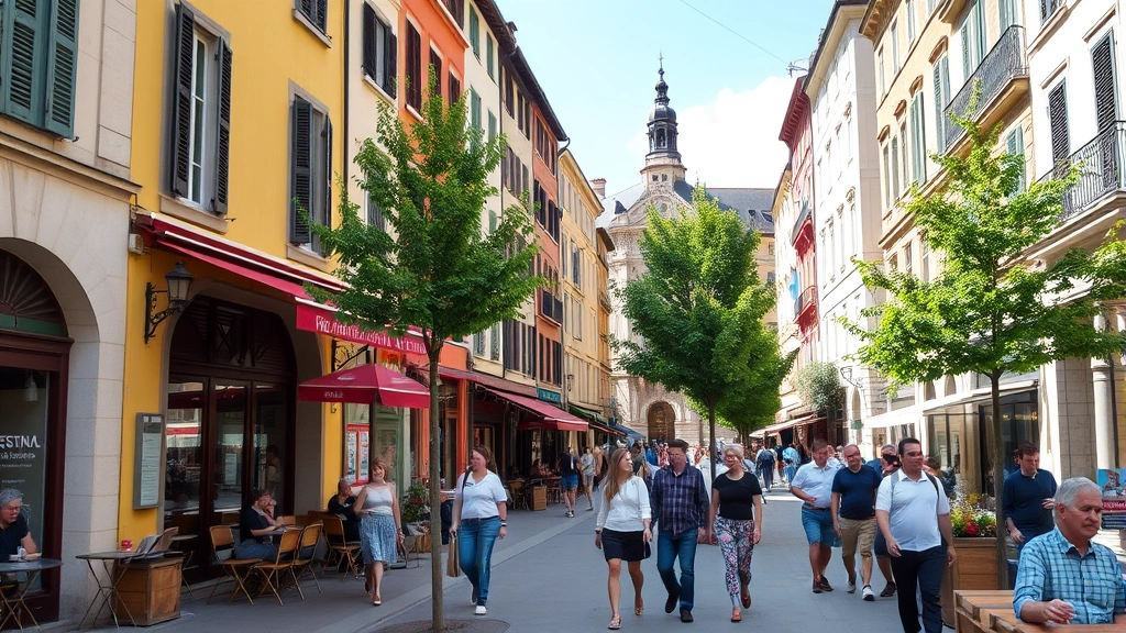Vibrant street scene in historic European city district with pedestrians walking past traditional architecture, restaurants with outdoor seating, tree-lined sidewalk, daytime urban atmosphere