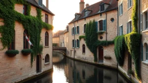 Charming medieval stone hotel building with arched windows and ivy-covered walls overlooking a picturesque European canal, soft golden afternoon light reflecting on water, historic architecture