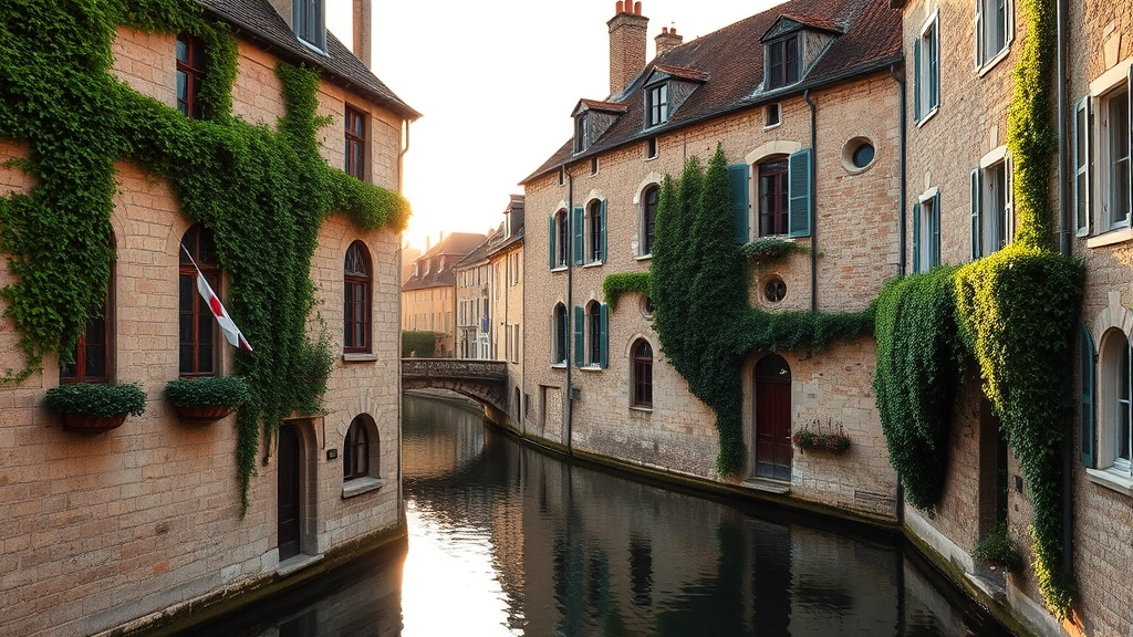 Charming medieval stone hotel building with arched windows and ivy-covered walls overlooking a picturesque European canal, soft golden afternoon light reflecting on water, historic architecture