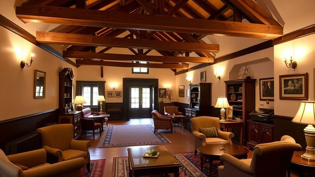 Cozy hotel lobby with exposed wooden beams, traditional European décor, comfortable seating areas, antique furniture, warm lighting from wall sconces, welcoming atmosphere