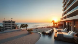 Modern beachfront hotel with ocean-view rooms, contemporary architecture, and palm trees overlooking sandy Haeundae Beach at golden hour, realistic photography