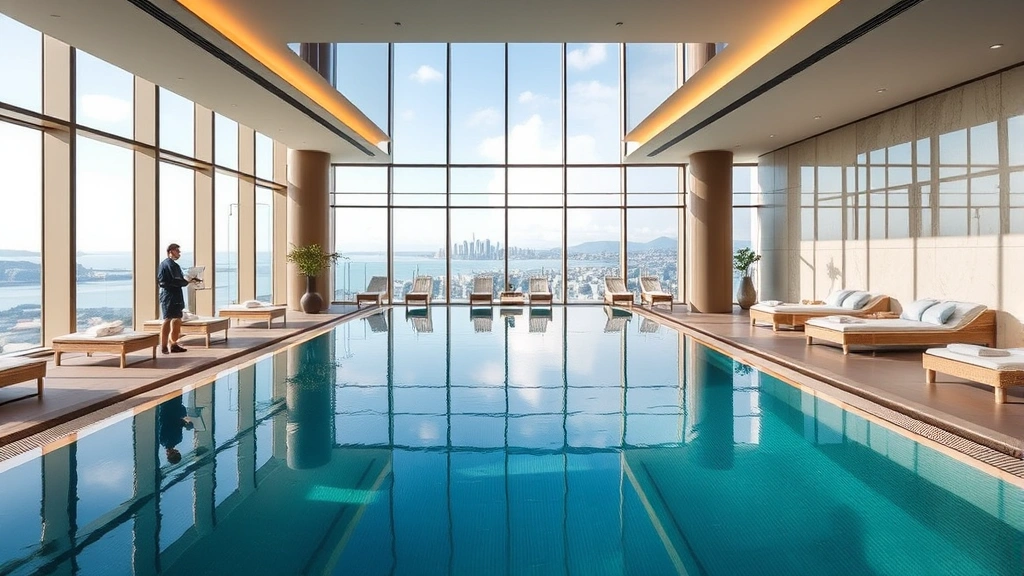 Luxury hotel spa facility with indoor swimming pool, floor-to-ceiling windows showing coastal cityscape, wellness amenities and lounge areas, professional hospitality setting