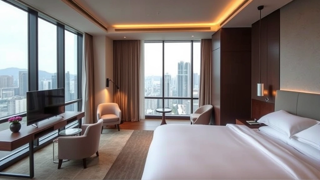 Boutique hotel interior featuring minimalist design, comfortable guest lounge with city views, contemporary furnishings, and warm ambient lighting in downtown Busan district