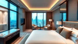 Luxurious hotel suite with king bed, modern furniture, marble bathroom visible, floor-to-ceiling windows overlooking cityscape, contemporary lighting fixtures, plush bedding and pillows