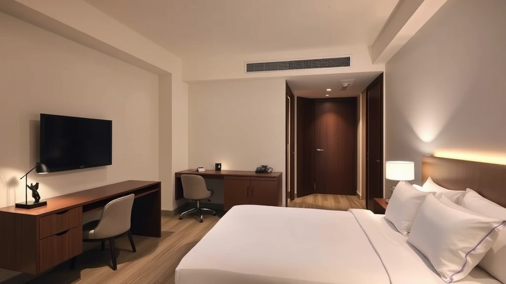 Modern hotel bedroom with contemporary furnishings, neutral color palette, comfortable bedding, work desk, flat-screen TV, and ambient lighting creating a relaxing welcoming atmosphere