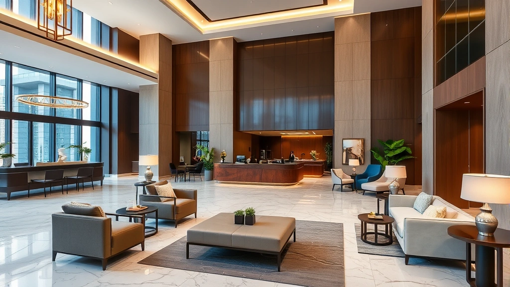 Hotel lobby with modern design, comfortable seating areas, neutral tones, professional atmosphere, welcoming ambiance, marble floors, contemporary lighting, and elegant furnishings for business and leisure guests