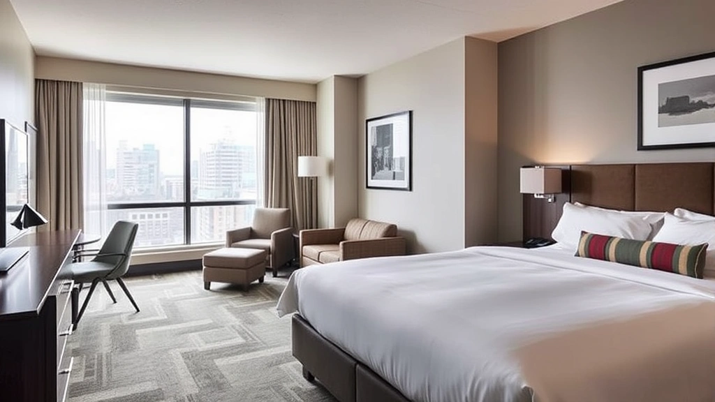 Modern hotel room with contemporary furnishings, neutral color palette, quality bedding, and natural window lighting showing urban downtown surroundings