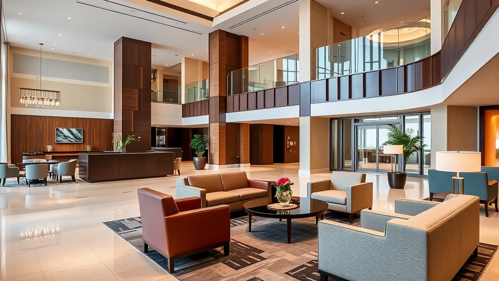 Hotel lobby with comfortable seating areas, modern architectural elements, and professional ambiance reflecting upscale business hotel aesthetic