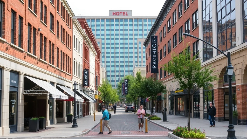 Downtown Rockville street view showing walkable urban environment with restaurants, storefronts, and pedestrian-friendly architecture near hotel location